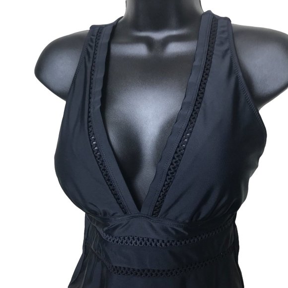 Tempt Me Black One Piece Swimsuit Sleeveless V Neck Peekaboo Panels Size Medium - Picture 3 of 6